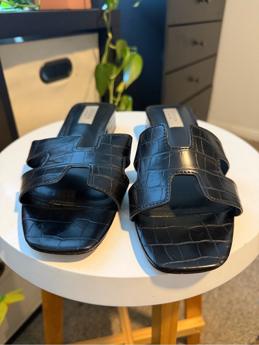 Steven By Steve Madden Black Croc-Embossed Slide Mules